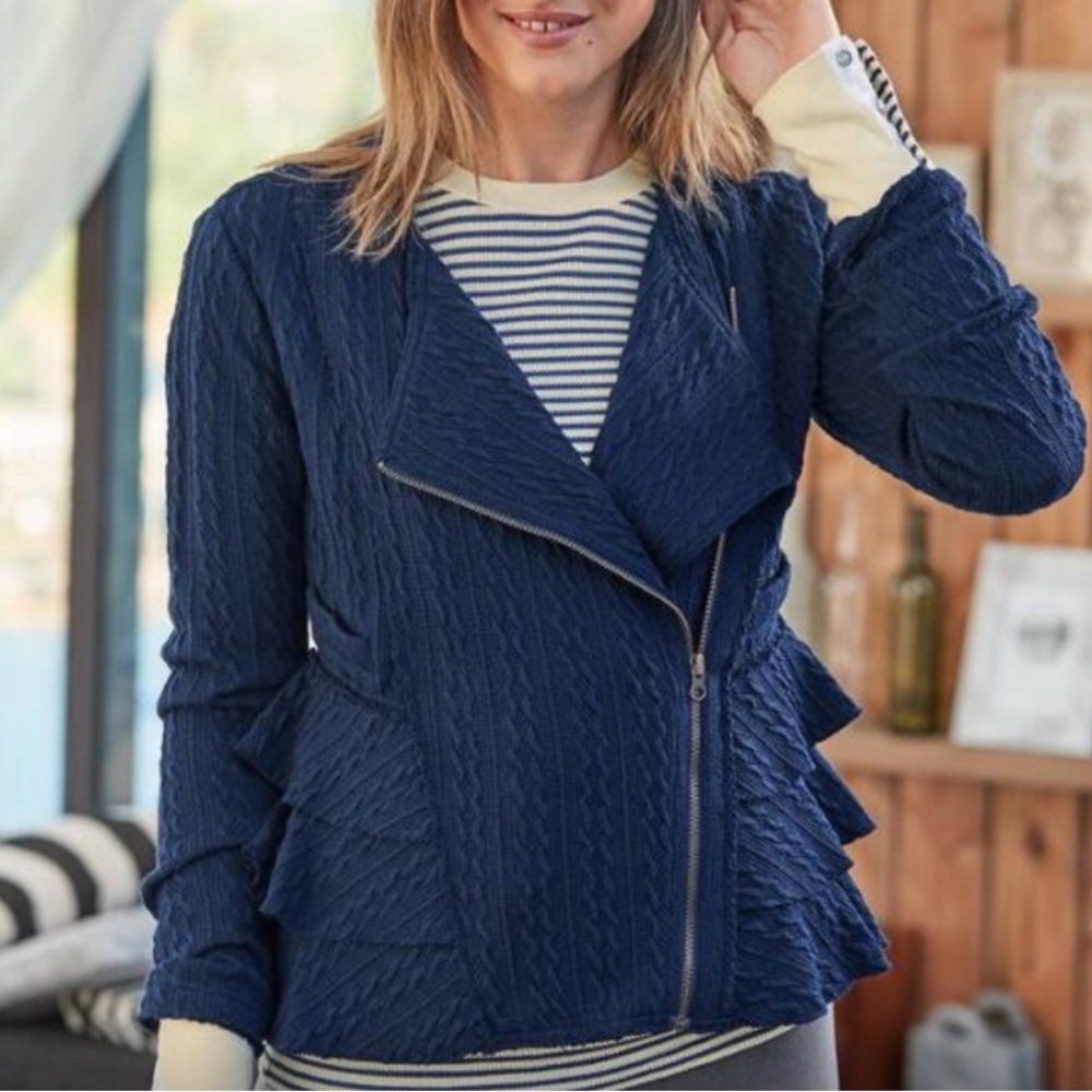 Sundance Ruffled Joy Assyemetrical Jacket Cardigan Navy Blue Large Textured Moto